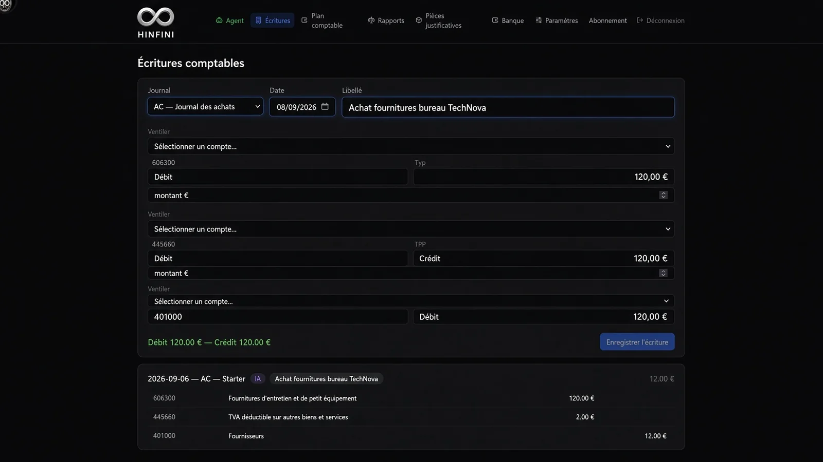 HINFINI COMPTA — capture du logiciel